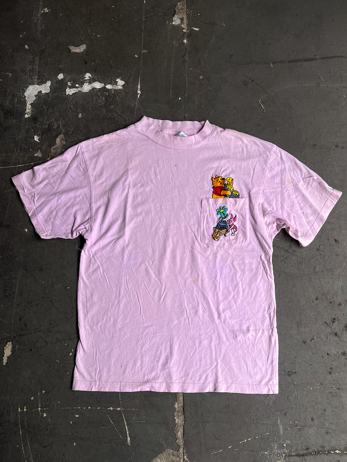 Pooh And Piglet Pink Flower Pot Pocket Embroidered T-Shirt