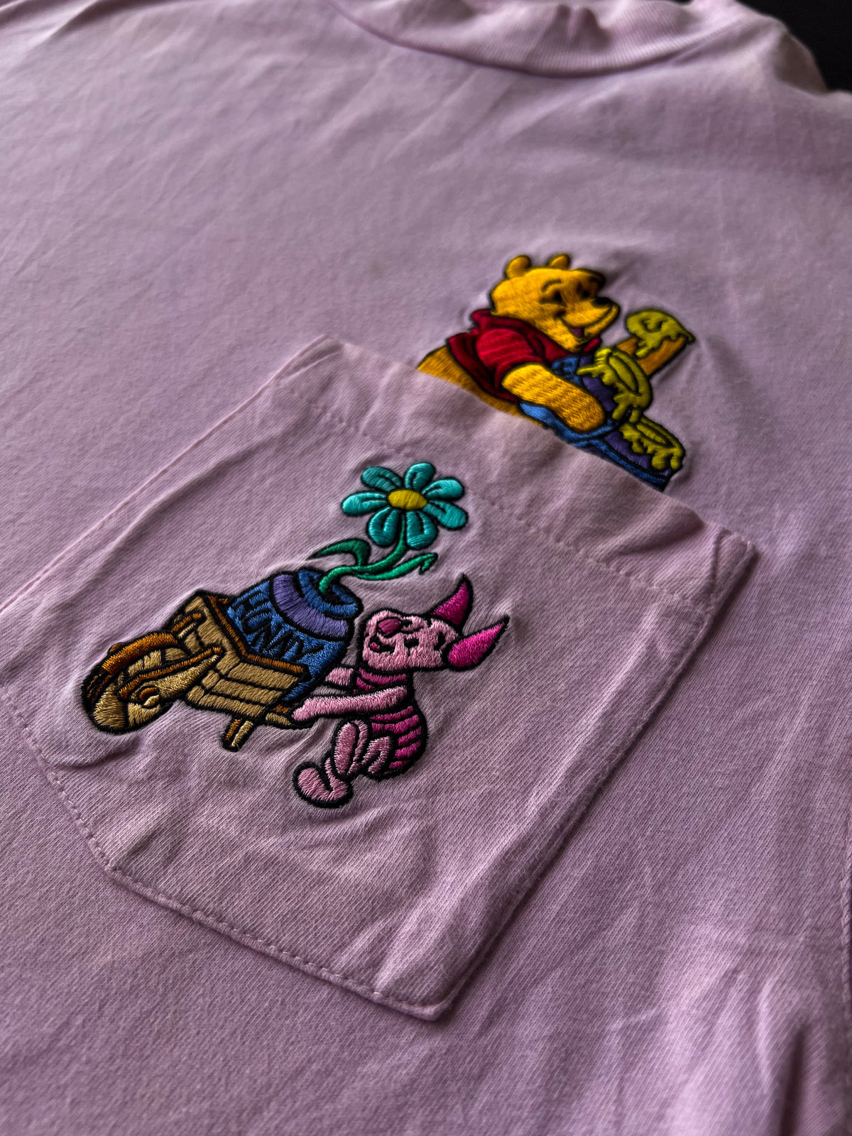 Pooh And Piglet Pink Flower Pot Pocket Embroidered T-Shirt
