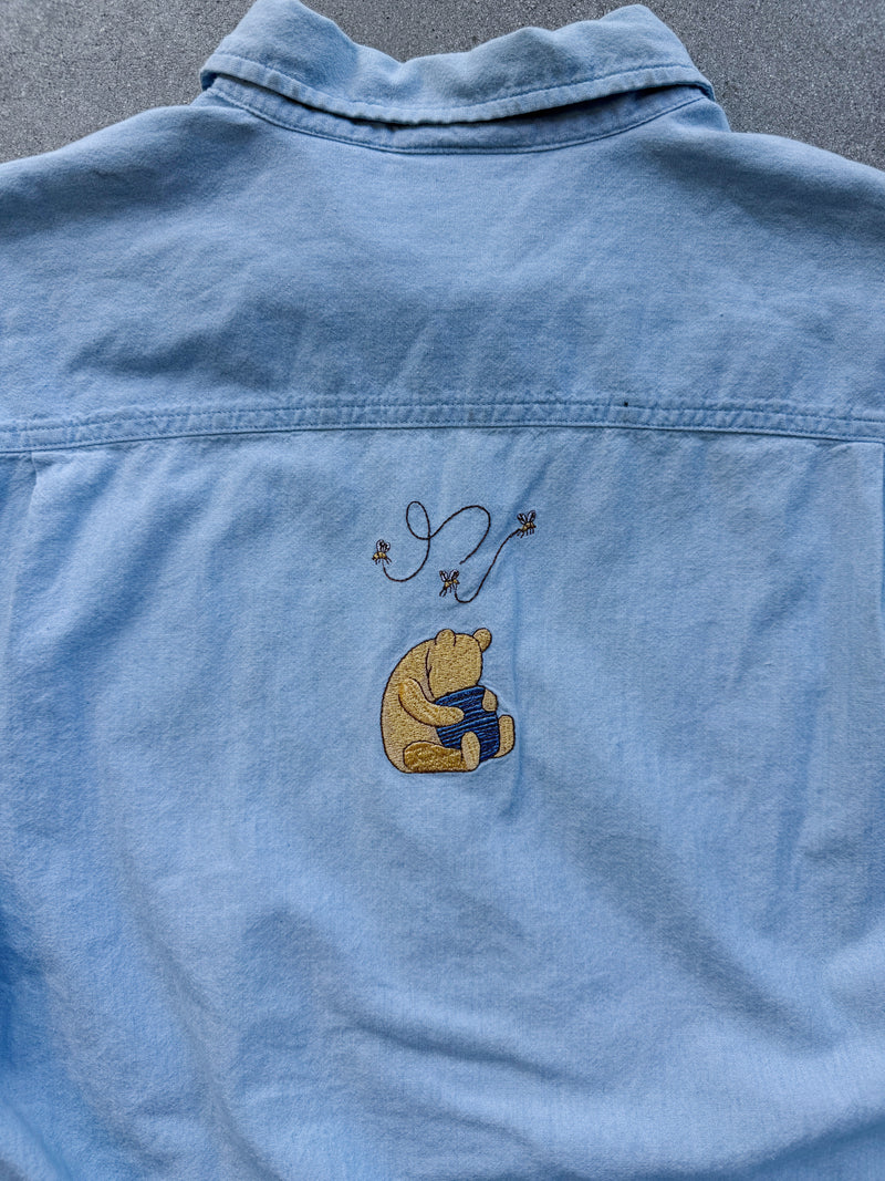 (S/M) Vintage Classic Pooh Looking For More Honey Unisex Embroidered Denim Button Up Long Sleeve Shirt