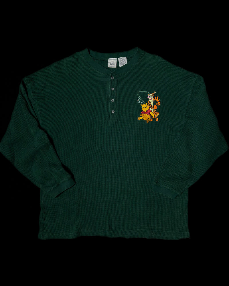 (L) Vintage Pooh and Tigger Green Embroidered Henley Long Sleeve Waffle Shirt