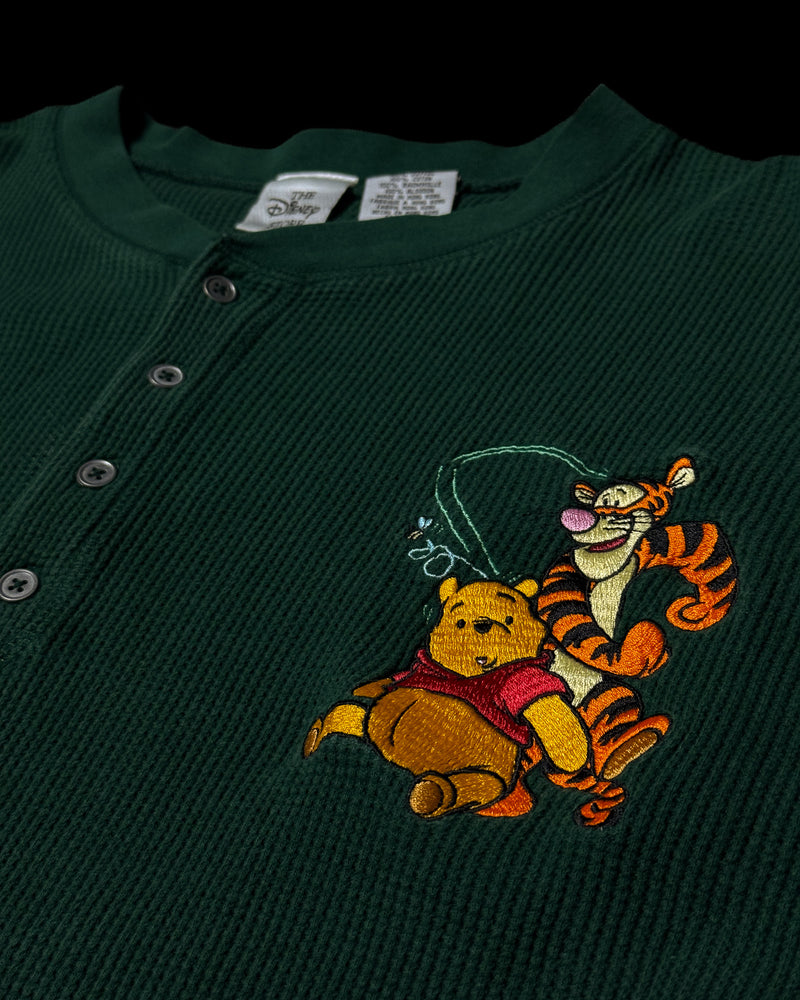 (L) Vintage Pooh and Tigger Green Embroidered Henley Long Sleeve Waffle Shirt