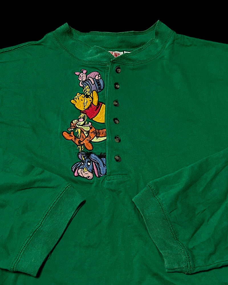 (S) Vintage Piglet dumping Honey on Pooh, Tigger and Eeyore Embroidered Henley T-Shirt