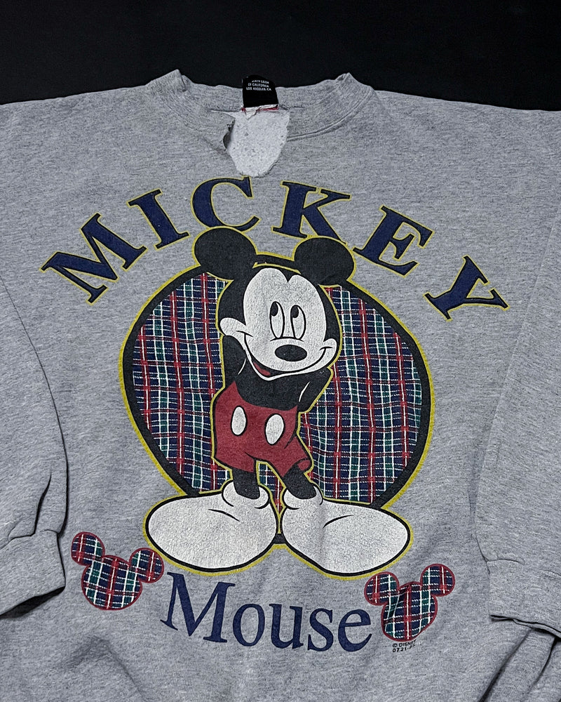 (L) Vintage Mickey Hands Behind Back Plaid Pattern Grey Crewneck Sweater