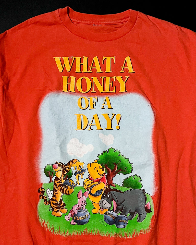 (2XL) Vintage Pooh and Friends "What a honey of a day" Orange T-Shirt