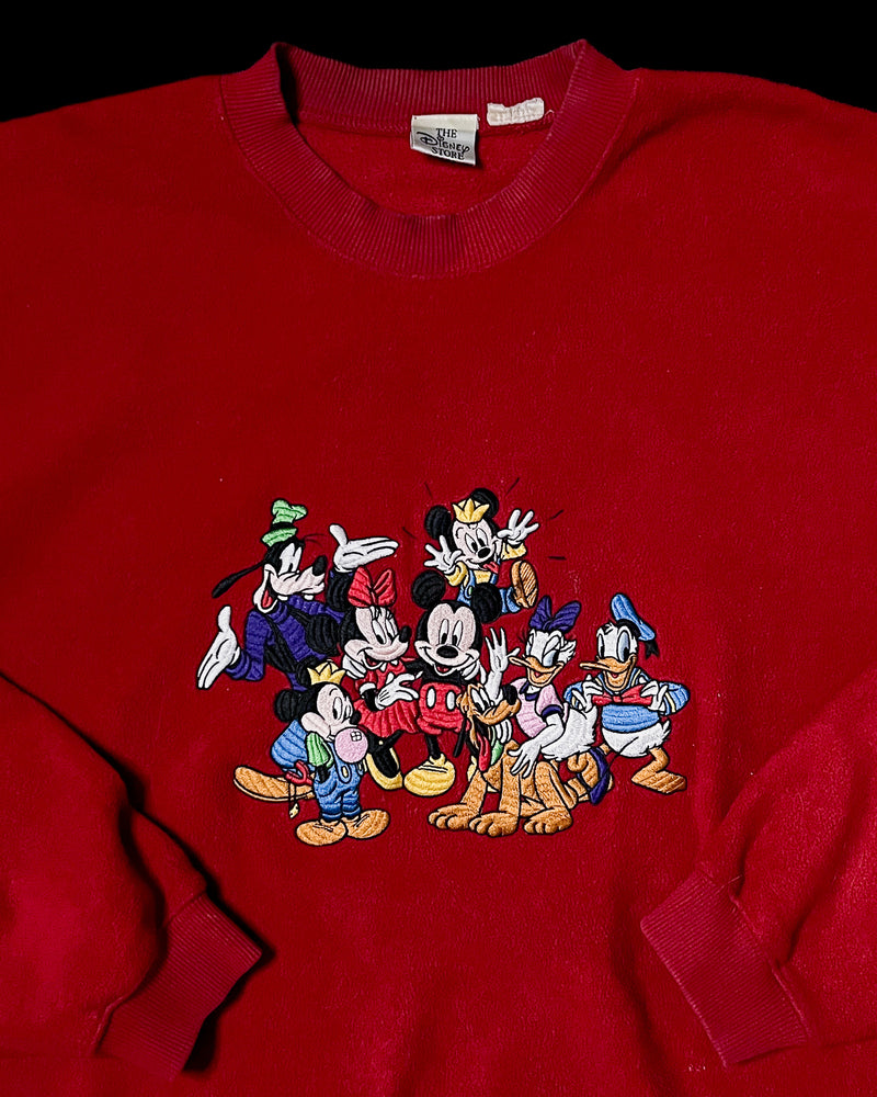(XL) Vintage Mickey and Friends One Big Family Red Embroidered Crewneck Sweater