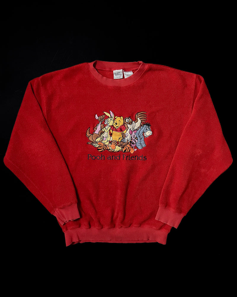 (S) Vintage Pooh and Friends Red Fleece Embroidered Crewneck Sweater