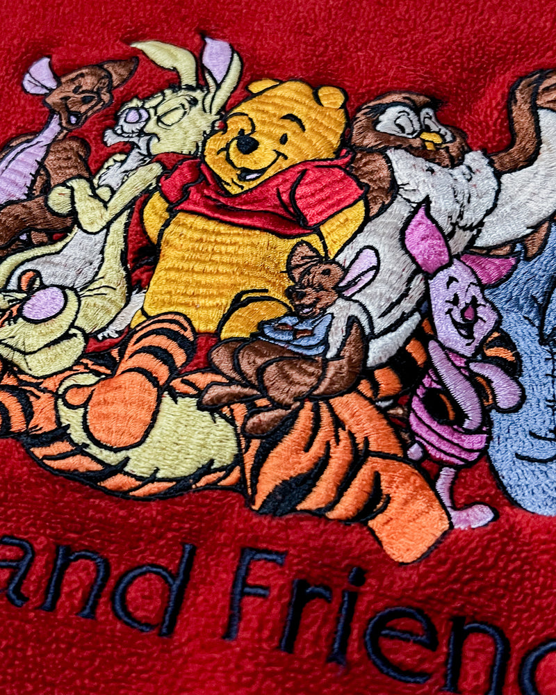 (S) Vintage Pooh and Friends Red Fleece Embroidered Crewneck Sweater