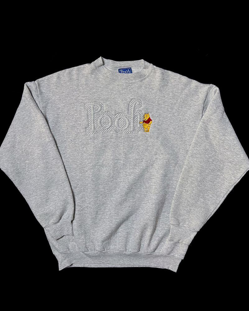 (L) Vintage Pooh Happy Grey Embroidered Crewneck Sweater