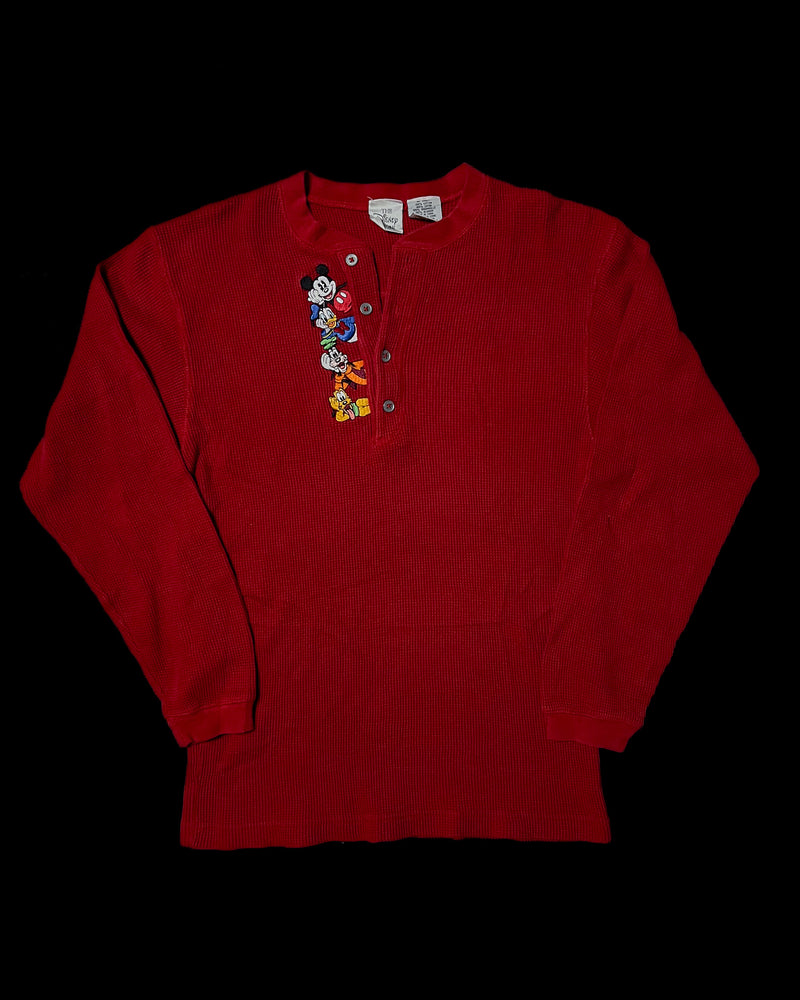 (S) Vintage Mickey, Donald, Goofy and Pluto Red Embroidered Long Sleeve Henley