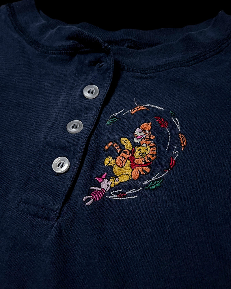 (L) Vintage Tigger, Pooh and Piglet Carried By The Wind Embroidered Long Sleeve Henley