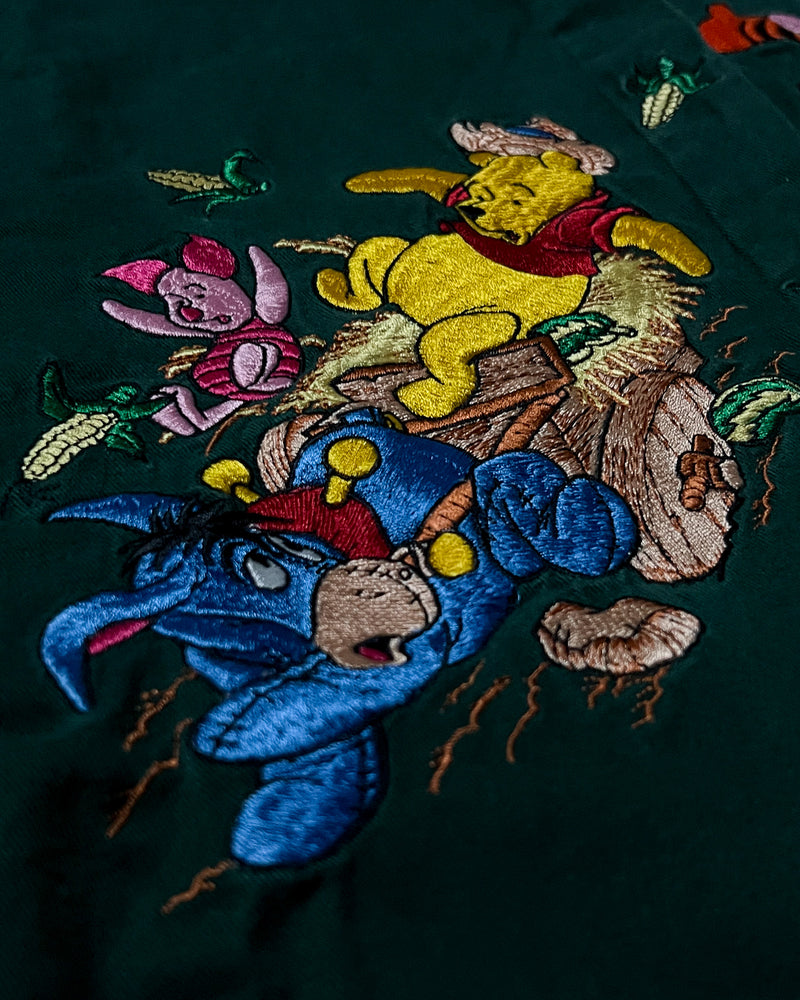 (XL) Vintage Pooh and Friends Hay Ride Chase Emerald Embroidered Button Up Long Sleeve