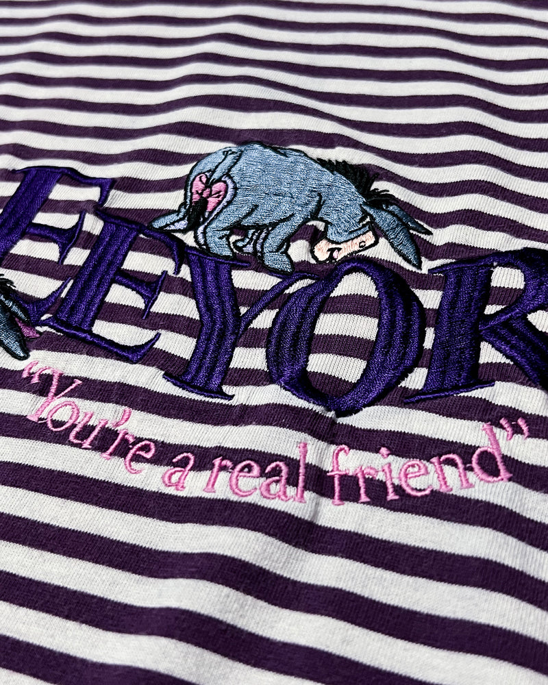 (XL) Vintage Eeyore "Youre a real friend" Embroidered Striped Crewneck T-Shirt