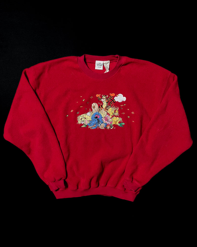 (M) Vintage Pooh and Friends Messy Hay Embroidered Red Fleece Crewneck Sweater