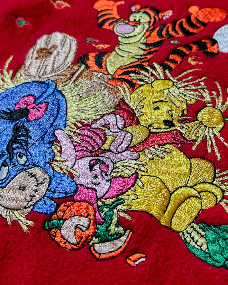 (M) Vintage Pooh and Friends Messy Hay Embroidered Red Fleece Crewneck Sweater