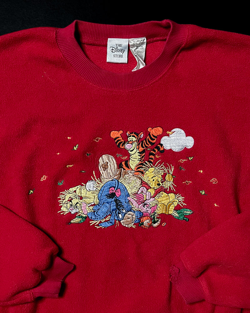 (M) Vintage Pooh and Friends Messy Hay Embroidered Red Fleece Crewneck Sweater