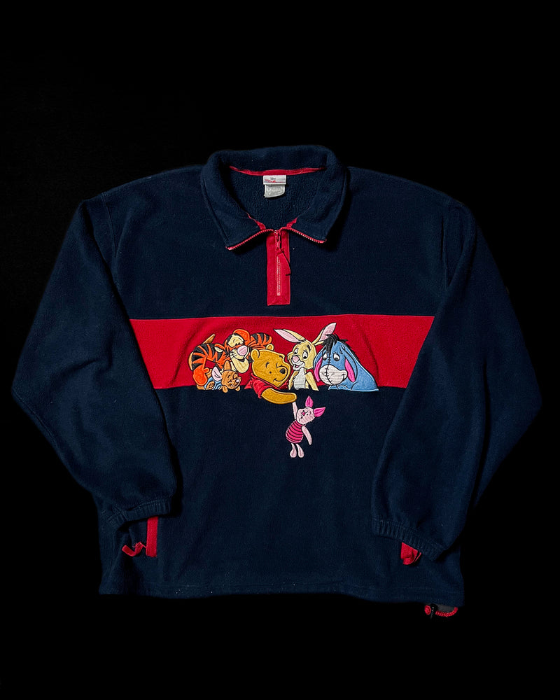 (L) Vintage Pooh and Friends Holding to Piglet Embroidered Fleece Quarter Zip Sweater