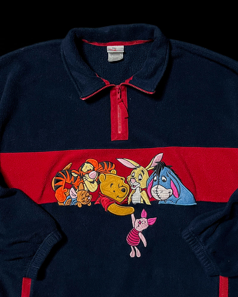 (L) Vintage Pooh and Friends Holding to Piglet Embroidered Fleece Quarter Zip Sweater