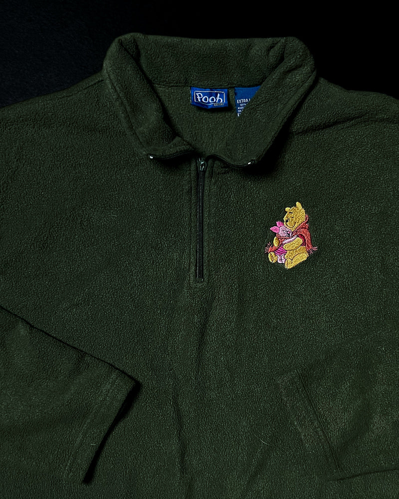 (XL) Vintage Pooh and Piglet Bundled Up Embroidered Fleece Quarter Zip Sweater