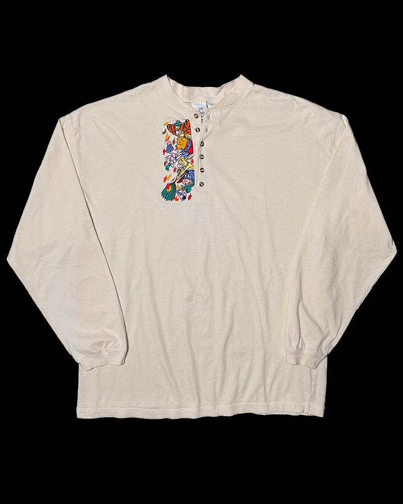 (XL) Vintage Tigger, Pooh, Piglet, Rabbit and Eeyore Windy Day Embroidered Henley Long Sleeve Shirt