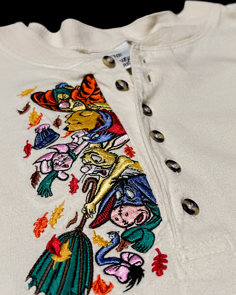 (XL) Vintage Tigger, Pooh, Piglet, Rabbit and Eeyore Windy Day Embroidered Henley Long Sleeve Shirt