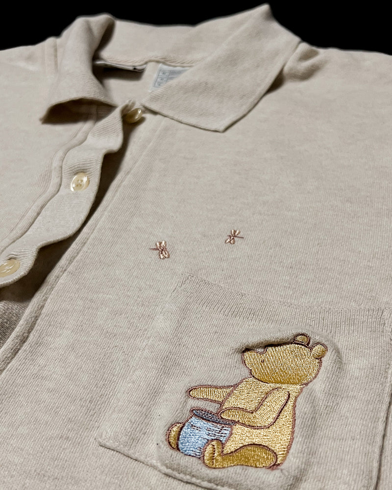 (L) Vintage Classic Pooh and Tigger with Dragonflies Embroidered Button Up Short Sleeve Shirt