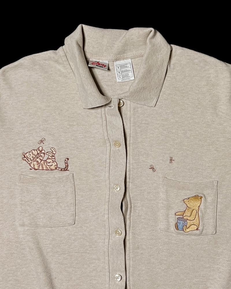 (L) Vintage Classic Pooh and Tigger with Dragonflies Embroidered Button Up Short Sleeve Shirt