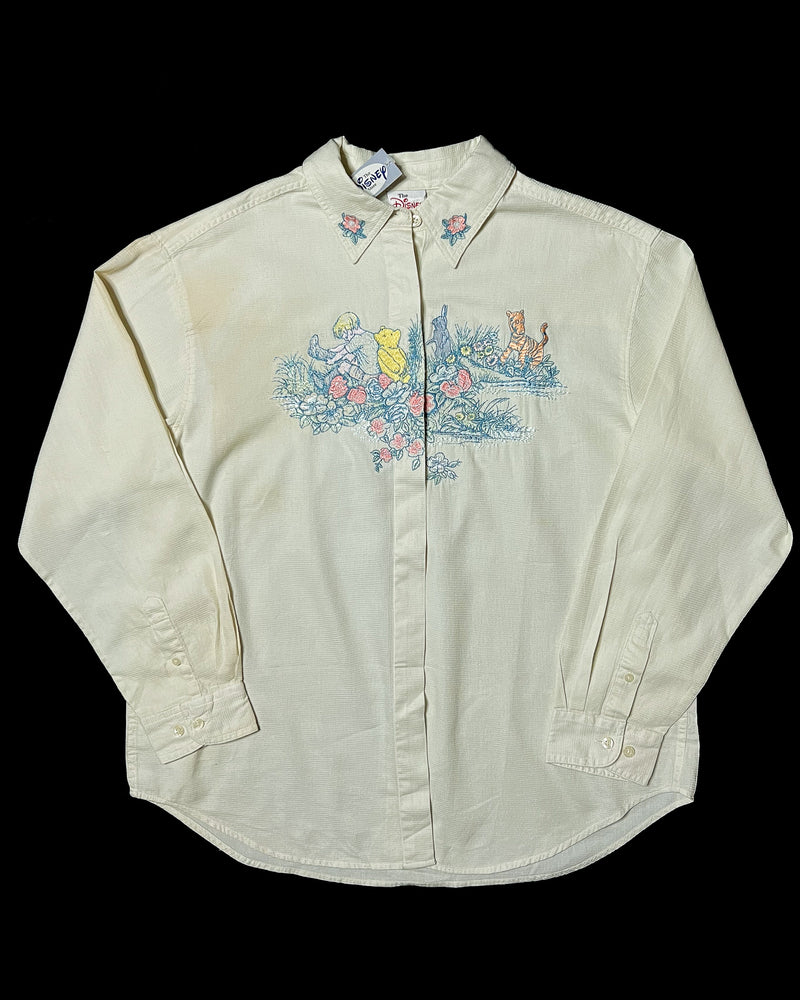 (L) Vintage Classic Christopher Robbin and Friends Field of Flowers Embroidered Button Up Long Sleeve Shirt