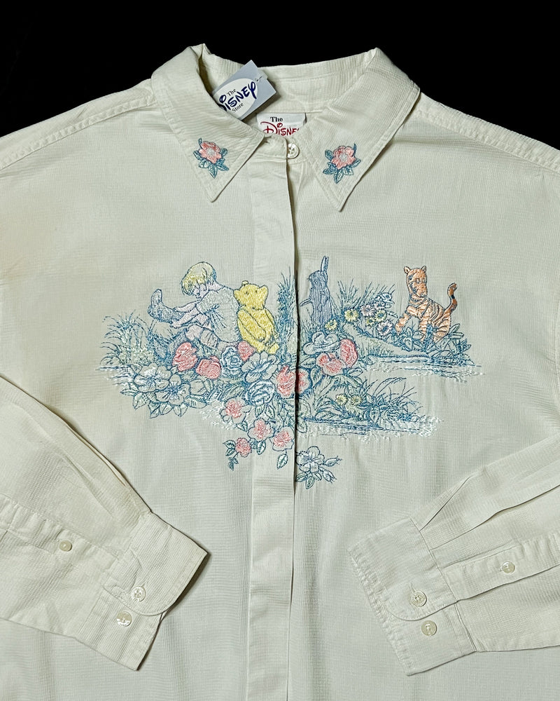 (L) Vintage Classic Christopher Robbin and Friends Field of Flowers Embroidered Button Up Long Sleeve Shirt