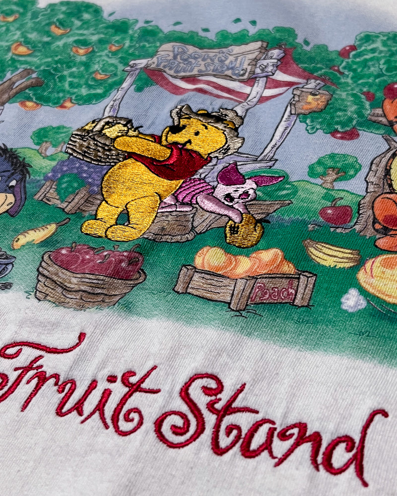 (L) Vintage Pooh, Eeryore, Piglet and Tigger "Pooh's Fruitstand" Embroidered Crewneck T-Shirt