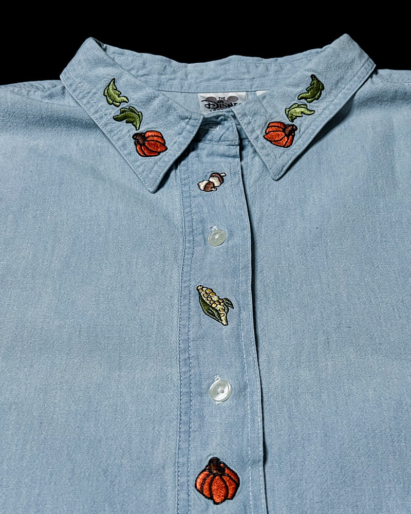 (2XL) Vintage Pooh and Friends "It's a grand day for gathering" Denim Embroidered Button Up Long Sleeve Shirt
