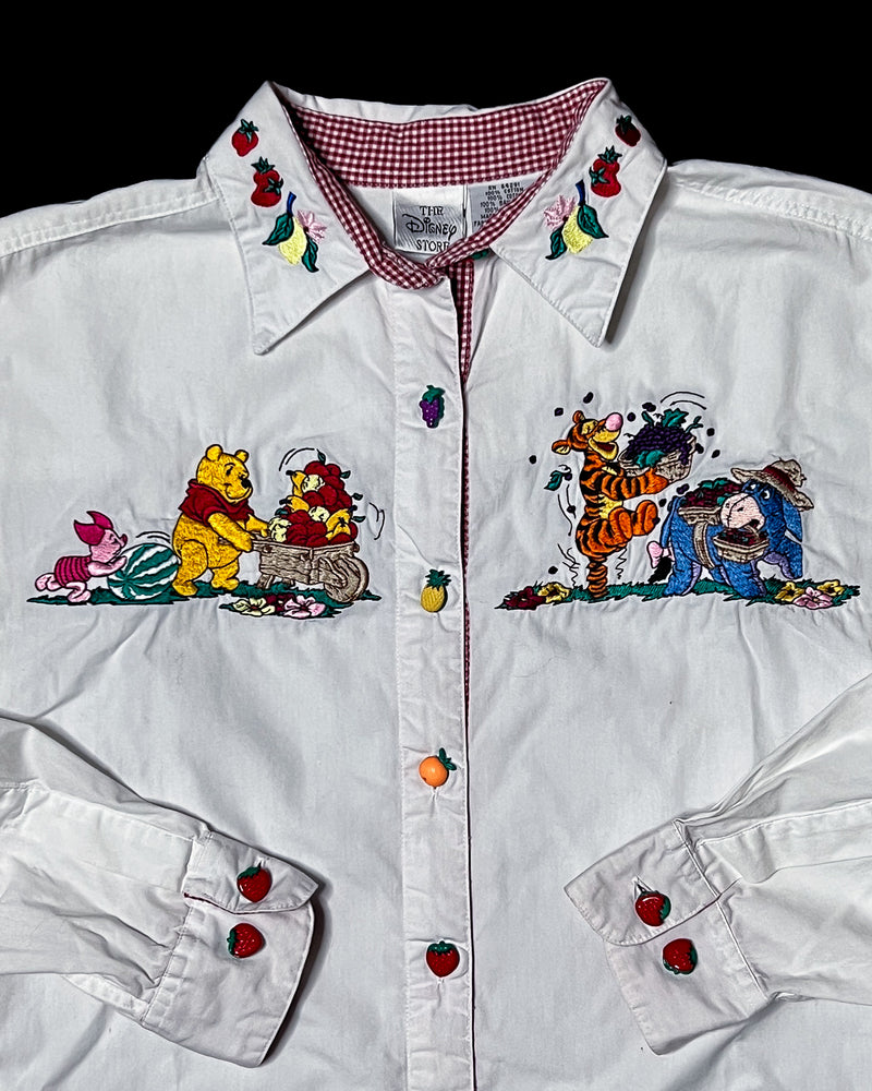 (XL) Vintage Pooh, Piglet, Tigger and Eeyore "Plentiful Harvest" Embroidered Button Up Long Sleeve Shirt
