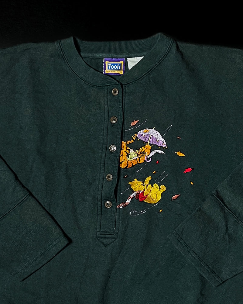 (Women's L) Vintage Pooh and Tigger Really Windy Day Embroidered Henley Long Sleeve Shirt