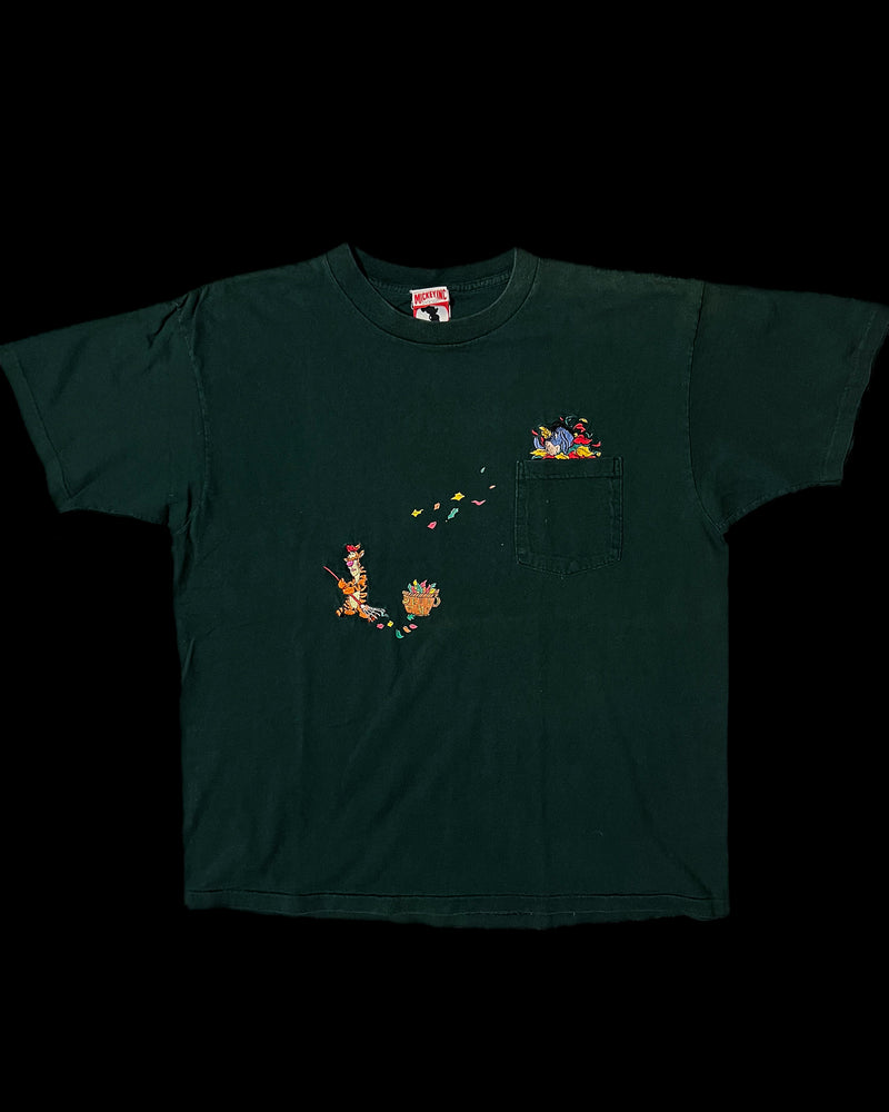(L/XL) Vintage Tigger and Eeyore Raking Leaves Embroidered Crewneck Pocket T-Shirt