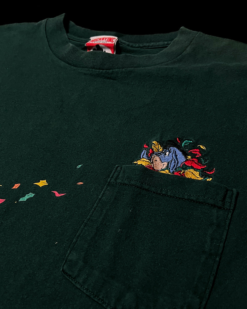 (L/XL) Vintage Tigger and Eeyore Raking Leaves Embroidered Crewneck Pocket T-Shirt