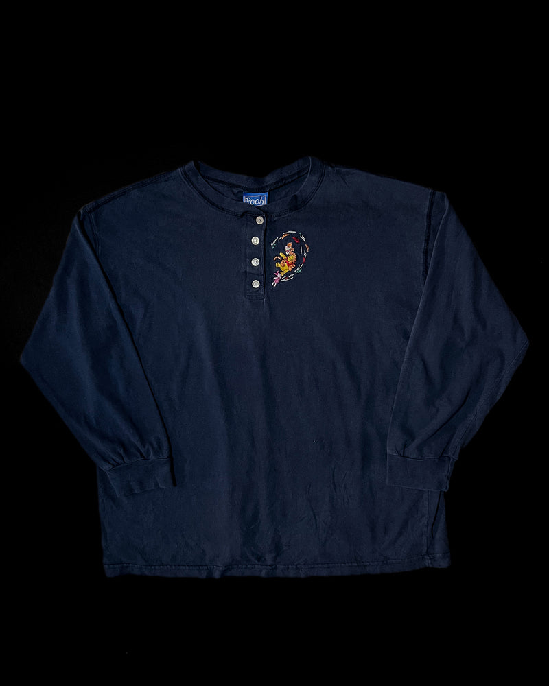 (XL) Vintage Pooh, Tigger and Piglet Carried By the Wind Embroidered Henley Long Sleeve Shirt