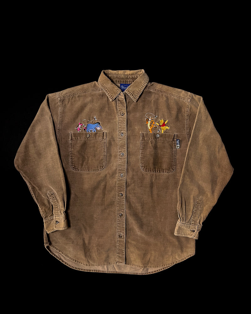 (M) Vintage Pooh, Tigger, Eeyore and Piglet Brown Embroidered Corduroy Button Up Long Sleeve Shirt