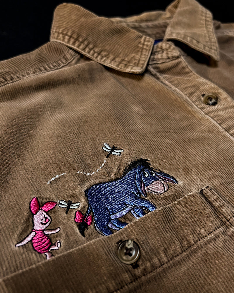 (M) Vintage Pooh, Tigger, Eeyore and Piglet Brown Embroidered Corduroy Button Up Long Sleeve Shirt