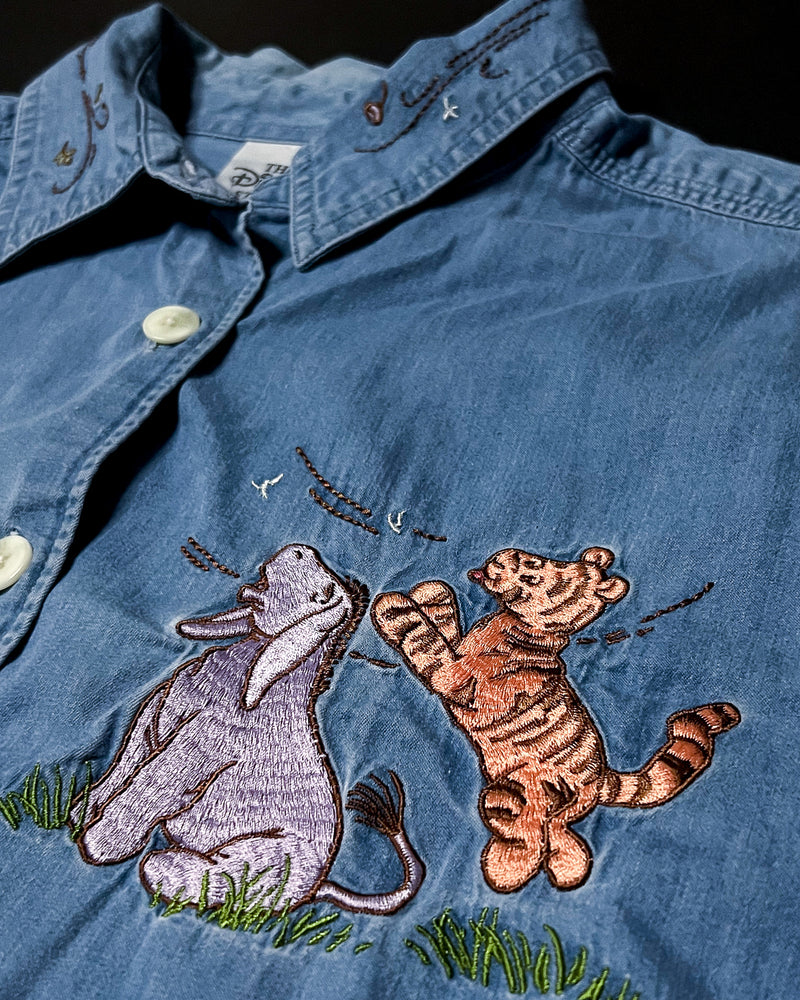 (S) Vintage Classic Piglet, Pooh, eeyore and Tigger Playing with Dandelions Embroidered Denim Button Up Long Sleeve Shirt