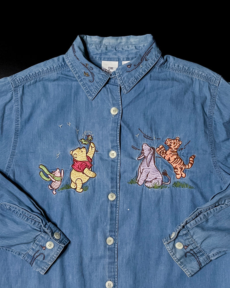 (S) Vintage Classic Piglet, Pooh, eeyore and Tigger Playing with Dandelions Embroidered Denim Button Up Long Sleeve Shirt