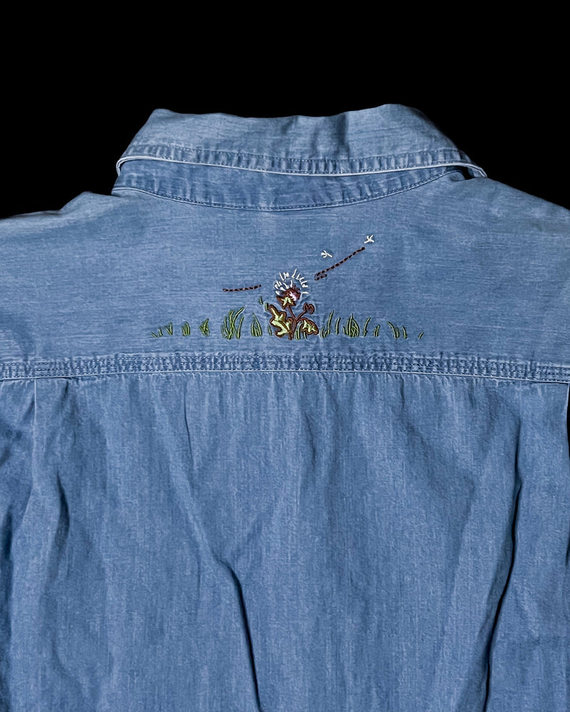(S) Vintage Classic Piglet, Pooh, eeyore and Tigger Playing with Dandelions Embroidered Denim Button Up Long Sleeve Shirt