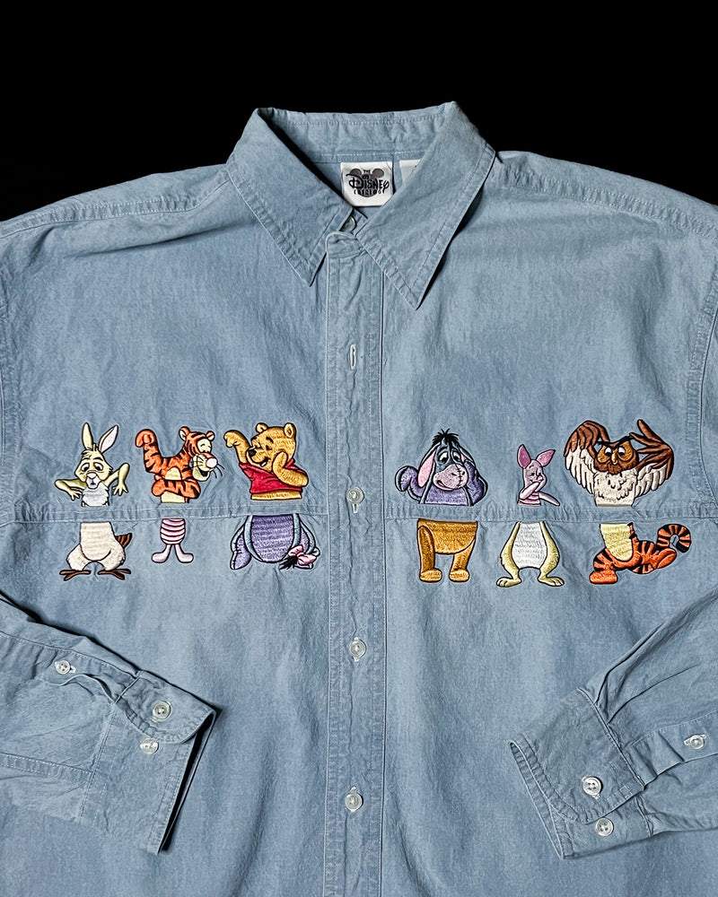 (S) Vintage Pooh and Friends Body Swap Embroidered Denim Button Up Long Sleeve Shirt