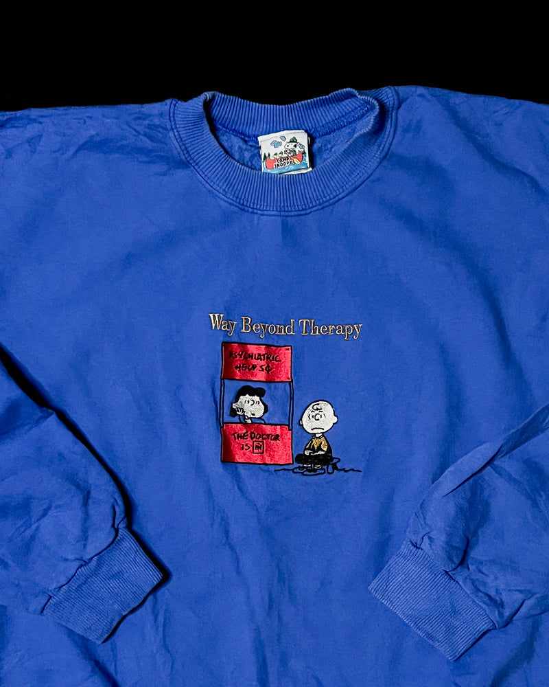 (L) Vintage Camp Snoopy "Way Beyond Therapy" Embroidered Crewneck Sweater