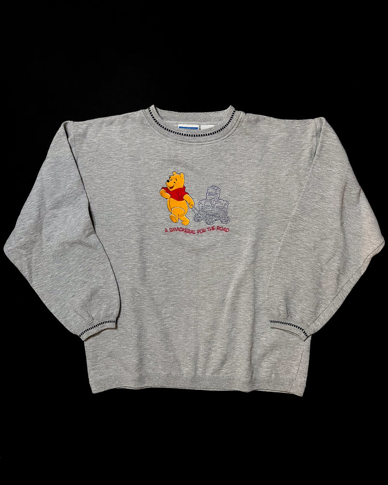 (XL) Vintage Winnie the Pooh "A smackeral for the road" Grey Embroidered Crewneck Sweater