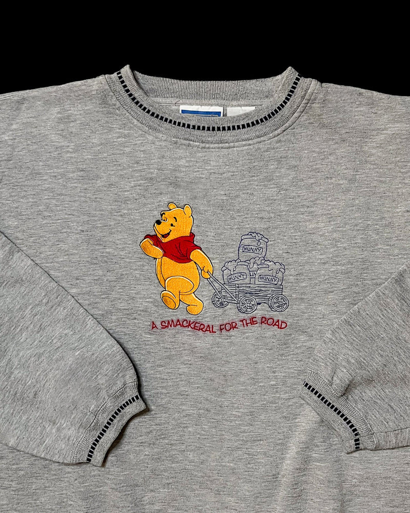 (XL) Vintage Winnie the Pooh "A smackeral for the road" Grey Embroidered Crewneck Sweater
