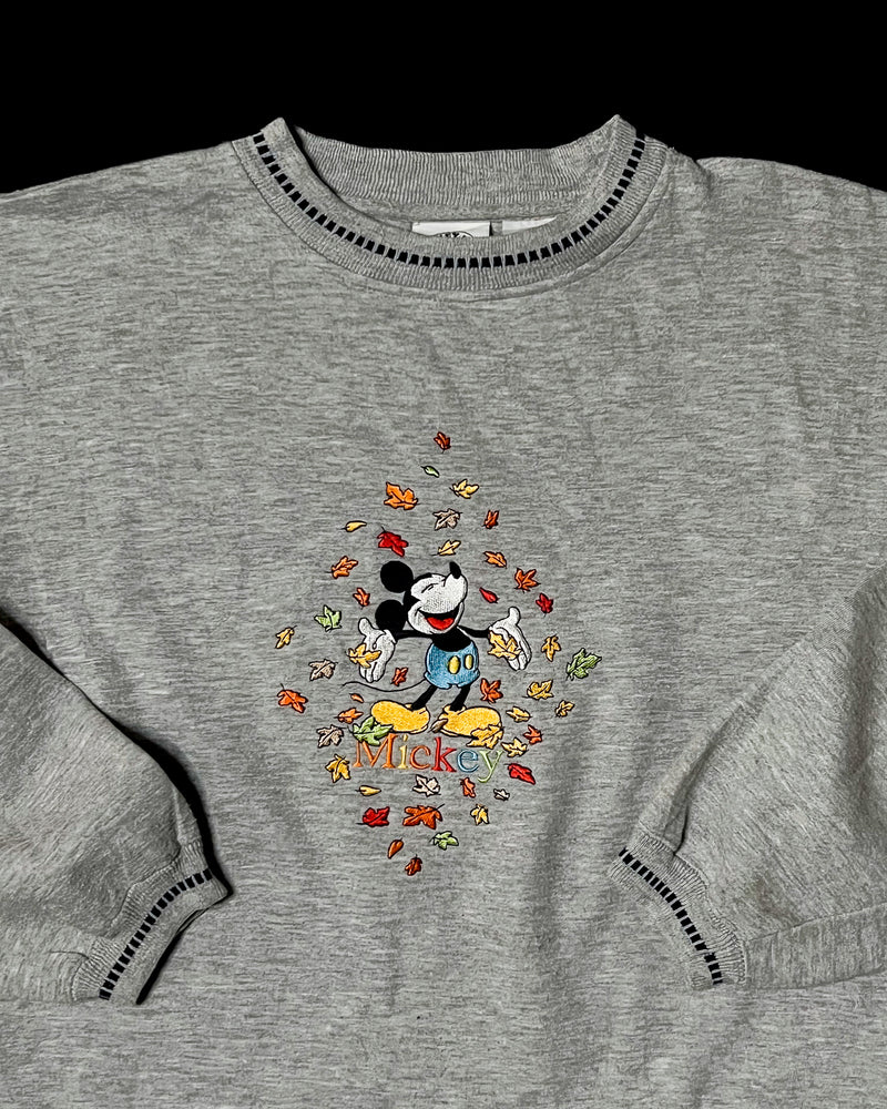(M) Vintage Mickey Autumn Leaves Embroidered Grey Crewneck Sweater