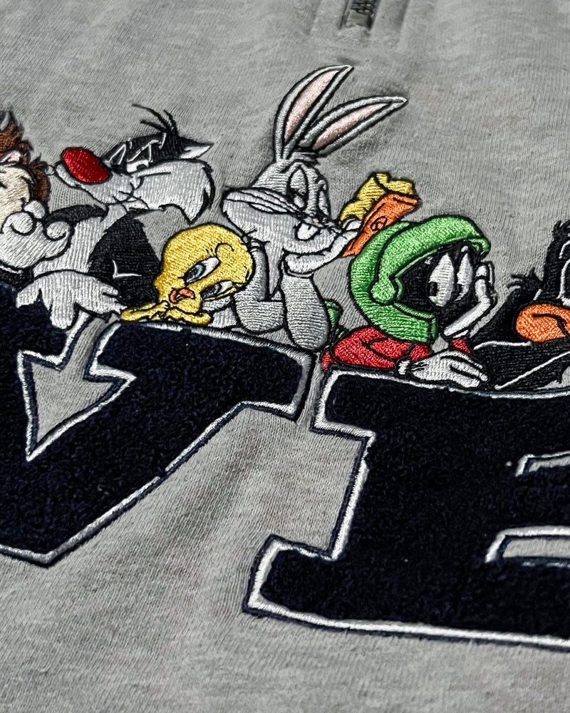 (M) Vintage Warner Bros Looney Tunes Cast Grey Embroidered Quarter Zip Sweater