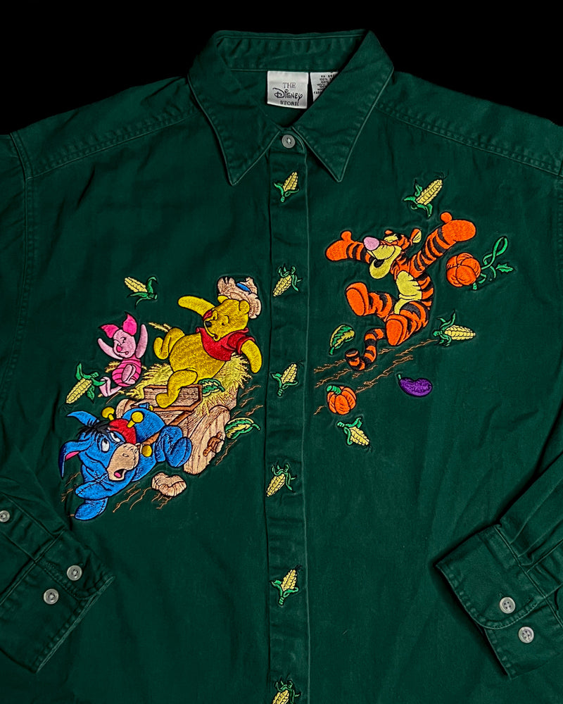 (L) Vintage Pooh and Friends Hayride Escape Embroidered Long Sleeve Button Up Shirt