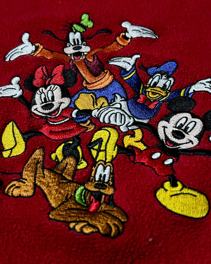 (S) Vintage Mickey and Friends Happy Together Red Embroidered Fleece Crewneck Sweater
