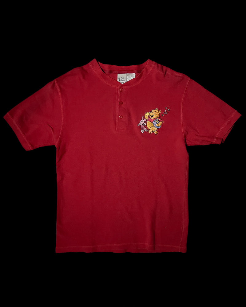 (M) Vintage Piglet and Pooh Eating on the Go Red Embroidered Henley Shirt