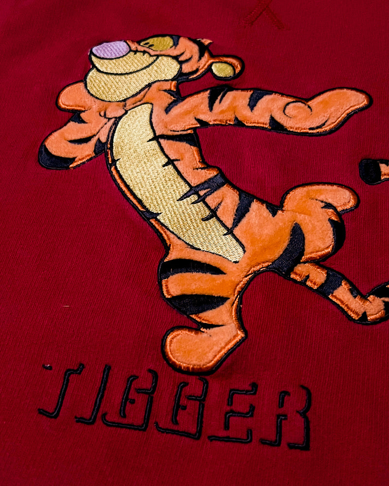 (L) Vintage Tigger On One Leg Red Embroidered Ringer Crewneck Sweater